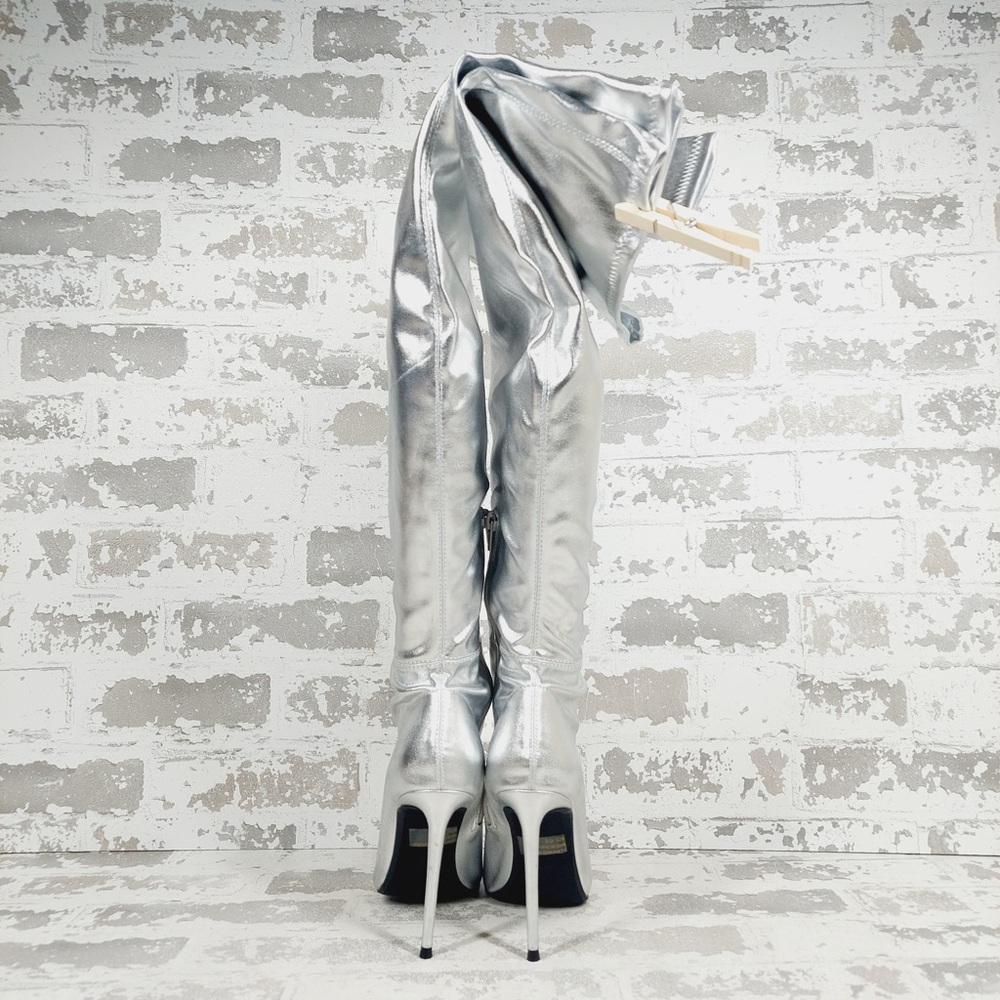 NEW Wild Diva Lounge Shaya Silver Pointy Toe High Heeled Over-the-knee Boot M30 - Picture 5 of 11
